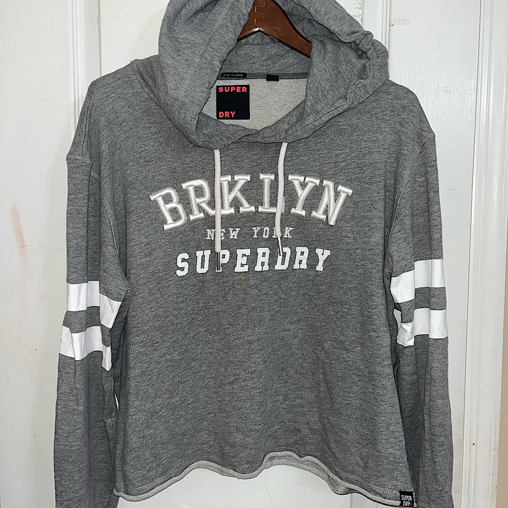 SuperDry Cropped Brooklyn Hoodie Sweatshirt in Light Grey — XL